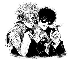 Rule 34 | 2boys, absurdres, cigarette, closed mouth, collared shirt, glasses, gloves, greyscale, hand up, highres, holding, holding cigarette, jacket, long sleeves, looking at viewer, male focus, mole, mole under eye, monochrome, multiple boys, my nameisyoon, nicholas d. wolfwood, round eyewear, shirt, short hair, simple background, smile, sunglasses, trigun, undercut, upper body, vash the stampede