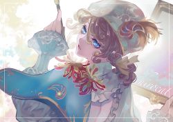 Rule 34 | 1boy, artist name, backless outfit, beret, blonde hair, blue capelet, blue eyes, blue neckwear, bow, capelet, edgar valden, eyeshadow, frilled sleeves, frills, golden ratio (identity v), hair between eyes, hair bow, hat, hat feather, holding, identity v, ihirocat, light particles, long sleeves, looking at viewer, makeup, male focus, paintbrush, painting (object), parted lips, ponytail, puffy sleeves, red eyeshadow, ribbon, shirt, simple background, sleeves past wrists, solo, white hat, white shirt