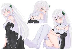 1girl :/ absurdres adjusting_clothes adjusting_legwear ass babywipes back_bow black_dress black_ribbon blush bow breasts butterfly_hair_ornament cleavage colored_eyelashes commission cropped_torso detached_sleeves dress echidna_(re:zero) hair_ornament half-closed_eyes highres knees_up large_breasts long_sleeves looking_at_viewer maid multiple_views no_shoes panties re:zero_kara_hajimeru_isekai_seikatsu ribbon ribbon-trimmed_clothes ribbon_trim roswaal_mansion_maid_uniform simple_background sitting smile standing thighhighs thighs underwear white_background white_hair white_panties white_thighhighs wide_sleeves