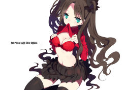 Rule 34 | 1girl, black hair, black skirt, black thighhighs, bra, breasts, character name, cleavage, clothes lift, copyright name, fate/stay night, fate (series), green eyes, kneeling, long hair, medium breasts, miniskirt, mouth hold, pleated skirt, red bra, rugo, shirt, shirt lift, skirt, solo, thighhighs, tohsaka rin, two side up, underwear, undressing, white background