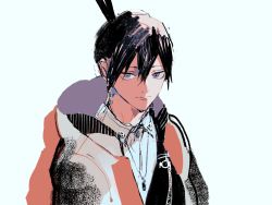 Rule 34 | 1boy, adam&#039;s apple, black hair, blue eyes, buttons, chainsaw man, cmnmo, collared shirt, earrings, hair between eyes, hair tied, hair tied up, hayakawa aki, highres, jacket, jewelry, looking at viewer, medium hair, necklace, piercing, shirt, solo, white background, white jacket, white shirt