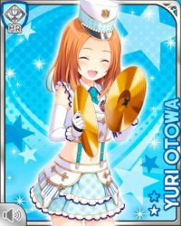 Rule 34 | 1girl, blue background, blue neckwear, brown eyes, card, character name, cymbals, elbow gloves, closed eyes, frills, girlfriend (kari), gloves, hat, holding, instrument, long hair, marching band, midriff, official art, open mouth, orange hair, otowa yuri, qp:flapper, skirt, smile, solo, stomach, subspenders, tagme, white skirt, white top