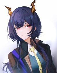 Rule 34 | 1girl, absurdres, alternate costume, arknights, black jacket, blue hair, blue shirt, ch&#039;en (arknights), dragon girl, dragon horns, gupipy, highres, horns, jacket, long hair, looking at viewer, necktie, red eyes, shirt, simple background, solo, twintails, upper body, white background, yellow necktie