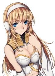 Rule 34 | 1girl, blonde hair, blouse, blue eyes, blush, breasts, cleavage, cleavage cutout, closed mouth, clothing cutout, detached sleeves, evelysse (star ocean), hairband, halterneck, hand up, highres, large breasts, long hair, looking at viewer, nagioka, navel, shirt, simple background, smile, solo, standing, star ocean, star ocean anamnesis, upper body, white background, white shirt