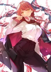 Rule 34 | 1girl, artist name, black pants, braid, braided ponytail, chainsaw man, collared shirt, cowboy shot, high-waist pants, holding necktie, jacket, jacket on shoulders, long hair, long sleeves, looking at viewer, makima (chainsaw man), necktie, pants, patreon username, red hair, red necktie, ringed eyes, shirt, shirt tucked in, smile, solo, suit jacket, sydus, white shirt, yellow eyes