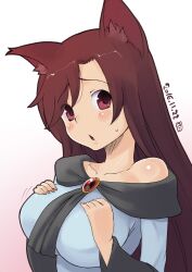 Rule 34 | 1girl, animal ear fluff, animal ears, blue shirt, blush, breasts, brooch, brown hair, chestnut mouth, commentary request, dated, gradient background, hands on own breasts, highres, imaizumi kagerou, impossible clothes, impossible shirt, jewelry, kei jiei, large breasts, long hair, long sleeves, looking at viewer, one-hour drawing challenge, open mouth, pink background, red eyes, shirt, single bare shoulder, solo, swept bangs, touhou, upper body, white background, wolf ears, wolf girl