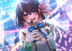 Rule 34 | 1girl, :d, azki (hololive), backlighting, blue bow, blue bowtie, blurry, blurry background, blush, bow, bowtie, brown hair, colored inner hair, depth of field, dutch angle, gloves, hair between eyes, hair ribbon, hand on own chest, headset, highres, hololive, hololive idol uniform, jacket, long hair, looking at viewer, mikan (chipstar182), multicolored hair, open mouth, outstretched arm, purple eyes, red hair, red ribbon, ribbon, shirt, short hair, smile, solo, stage lights, upper body, virtual youtuber, white gloves, white jacket, white shirt