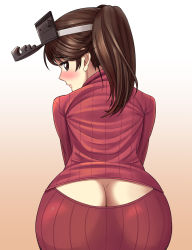 Rule 34 | 10s, 1girl, ass, ass cutout, blush, brown eyes, brown hair, butt crack, clothing cutout, easy (aqk7bdqt), from behind, gradient background, highres, kantai collection, long hair, looking back, meme attire, open-chest sweater, profile, ribbed sweater, ryuujou (kancolle), solo, sweater, turtleneck, twintails, visor cap, wardrobe error, you&#039;re doing it wrong