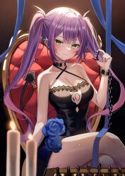 Rule 34 | 1girl, :3, absurdres, bare arms, bare shoulders, black choker, black dress, breasts, chess piece, chessboard, choker, cleavage, closed mouth, clothing cutout, criss-cross halter, crossed legs, cuffs, demon tail, dress, ear piercing, fang, green eyes, halterneck, handcuffs, highres, holding chess piece, hololive, lace, lace-trimmed dress, lace trim, lingerie, long hair, looking at viewer, medium breasts, multicolored hair, nannung, piercing, purple hair, sidelocks, sitting, sleeveless, sleeveless dress, smile, solo, spaghetti strap, streaked hair, string bra, tail, tail raised, thighs, tokoyami towa, twintails, underboob, underboob cutout, underwear, virtual youtuber