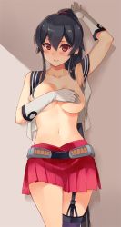 Rule 34 | 10s, 1girl, asymmetrical legwear, breasts, collarbone, covering privates, covering breasts, eyebrows, garter straps, gloves, hair between eyes, hair tie, ichinomiya (blantte), kantai collection, lips, long hair, looking at viewer, medium breasts, navel, open clothes, parted lips, ponytail, red eyes, red skirt, shadow, skirt, smile, solo, uneven legwear, very long hair, wall, white gloves, yahagi (kancolle)