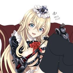 Rule 34 | 1girl, :d, black gloves, black thighhighs, blonde hair, blush, bondage outfit, breasts, fang, frills, gloves, kantai collection, long hair, looking at viewer, open mouth, smile, solo, thighhighs, tk8d32, warspite (kancolle), whip