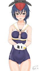 Rule 34 | 10s, 1girl, 2017, asymmetrical hair, black hair, brown eyes, cowboy shot, dated, food, framed breasts, hair between eyes, hat, headphones, i-13 (kancolle), kantai collection, linfa (futari midara), looking at viewer, one-piece swimsuit, onigiri, open mouth, plate, sailor collar, school swimsuit, short hair, signature, simple background, swimsuit, white background