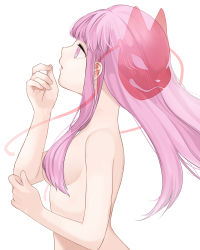 Rule 34 | 1girl, absurdres, bad id, bad pixiv id, breasts, fox mask, gotou (nekocat), hair censor, hata no kokoro, highres, long hair, mask, noh mask, nude, open mouth, pink eyes, pink hair, profile, simple background, solo, string, touhou, upper body, white background