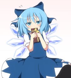 Rule 34 | 1girl, blue dress, blue eyes, blue hair, blush, bow, box, cirno, covering own mouth, do (4-rt), dress, gift, gift box, gradient background, hair bow, ice, ice wings, looking at viewer, matching hair/eyes, puffy sleeves, shirt, short sleeves, solo, touhou, valentine, wings