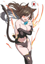 Rule 34 | 1girl, alternate costume, animal ears, arknights, black gloves, black leotard, black thighhighs, blue necktie, blush, breasts, brown hair, burnt clothes, cat ears, cat girl, cat tail, clothing cutout, covering privates, covering breasts, detached collar, ear piercing, elbow gloves, fang, female focus, fire, gloves, highres, kittysuit, large breasts, leotard, long hair, looking at viewer, navel cutout, necktie, nontraditional playboy bunny, nose blush, open mouth, orange eyes, piercing, satsuki neko, simple background, skyfire (arknights), solo, tail, thighhighs, torn clothes, tying hair, white background