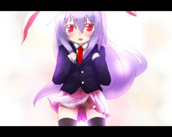 Rule 34 | 1girl, aged down, animal ears, bad id, bad pixiv id, blazer, female focus, jacket, letterboxed, long hair, necktie, purple hair, rabbit ears, red eyes, red necktie, reisen udongein inaba, solo, soubi, thighhighs, touhou