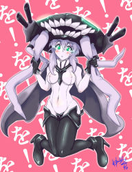 Rule 34 | 10s, 1girl, abyssal ship, aqua eyes, bodysuit, breasts, cape, covered navel, covered erect nipples, gloves, high heels, highres, hori shin, kantai collection, looking at viewer, medium breasts, monster, open mouth, pale skin, silver hair, solo, tentacles, turret, wo-class aircraft carrier
