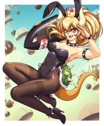 Rule 34 | 1girl, animal ears, banzai bill, black footwear, black leotard, black nails, blonde hair, blue eyes, bowsette, bracelet, breasts, brown pantyhose, cleavage, collar, covered navel, fake animal ears, fang, high heels, highres, jewelry, large breasts, leotard, long hair, looking at viewer, mario (series), new super mario bros. u deluxe, nintendo, open mouth, pantyhose, parabomb, playboy bunny, pointy ears, ponytail, rabbit ears, sirknightbot, smile, solo, spiked bracelet, spiked collar, spikes, super crown, tail, thighband pantyhose