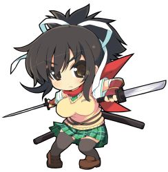 Rule 34 | &gt;:&lt;, 10s, 1girl, :&lt;, asuka (senran kagura), black thighhighs, breasts, brown eyes, brown hair, chibi, closed mouth, crazy developers, dual wielding, full body, holding, large breasts, ninja, plaid, plaid skirt, senran kagura, shoes, skirt, sweater vest, sword, thighhighs, transparent background, v-shaped eyebrows, weapon, white background