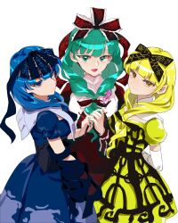 Rule 34 | 3girls, alternate color, alternate costume, arm up, black ribbon, blonde hair, blue dress, blue eyes, blue hair, blunt bangs, bow, chamaruk, dress, elbow gloves, flower, frilled bow, frilled ribbon, frills, front ponytail, gloves, green eyes, green hair, green nails, hair bow, hair ribbon, highres, holding, holding flower, kagiyama hina, lolita fashion, looking at viewer, multiple girls, open mouth, puffy sleeves, red dress, ribbon, smile, touhou, white background, white gloves, yellow dress, yellow eyes