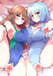 Rule 34 | 2girls, :o, absurdres, bare shoulders, bed, blue eyes, blue hair, breast press, breasts squeezed together, breasts, brown hair, censored, competition swimsuit, highres, large breasts, leg life, leg up, long hair, looking at viewer, mosaic censoring, multiple girls, on bed, one-piece swimsuit, original, pussy, rabi-ribi, rita (rabi-ribi), spread pussy, swimsuit, symmetrical docking, thighs, torn clothes, torn swimsuit, very long hair, yamada naoko (kodamayanao)