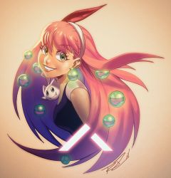 Rule 34 | 1girl, annie mei, annie mei project, bad id, bad tumblr id, borrowed character, breasts, creature, earrings, female focus, green eyes, jewelry, lips, long hair, md5 mismatch, medium breasts, nose, orb, pink hair, robaato, sleeveless, smile, solo, upper body