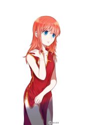 Rule 34 | 1girl, blue eyes, breasts, brown hair, china dress, chinese clothes, cleavage, collarbone, cowboy shot, doruje, dress, gintama, highres, kagura (gintama), long hair, looking at viewer, red dress, simple background, sleeveless, sleeveless dress, small breasts, solo, standing, white background