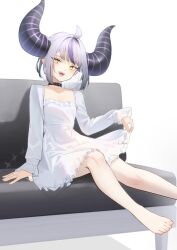 Rule 34 | 1girl, :d, absurdres, ahoge, bare legs, barefoot, blush, breasts, collarbone, couch, demon girl, demon horns, dress, feet, grey hair, hair between eyes, highres, hololive, horns, la+ darknesss, long sleeves, looking at viewer, multicolored hair, on couch, open mouth, pero (peroneko0510), pointy ears, purple hair, sitting, small breasts, smile, solo, streaked hair, striped horns, teeth, toes, upper teeth only, virtual youtuber, white dress, yellow eyes