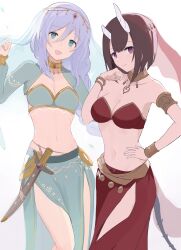 Rule 34 | 2girls, absurdres, aqua bra, aqua eyes, aqua shrug, aqua skirt, arabian clothes, armlet, armpits, asymmetrical horns, bare shoulders, belly dancing, black hair, bra, breasts, brown collar, circlet, cleavage, closed mouth, clothing cutout, collar, collarbone, commentary, dancer, demon girl, demon horns, demon tail, double-parted bangs, eriko (princess connect!), feet out of frame, gold collar, gold trim, hair between eyes, hand up, harem outfit, harem pants, head tilt, highres, holding own hair, horns, large breasts, long sleeves, looking at viewer, medium breasts, midriff, multiple girls, navel, onigiri noe, open mouth, pants, pelvic curtain, princess connect!, purple hair, red bra, red eyes, red pants, red veil, shizuru (princess connect!), short hair, shrug (clothing), simple background, skirt, smile, stomach, strapless, strapless bra, sword, tail, thigh cutout, underwear, weapon, white background, white horns, white veil, wristlet