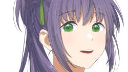 Rule 34 | 1girl, close-up, commentary, green eyes, hair bun, hair ornament, highres, link! like! love live!, long hair, looking at viewer, love live!, open mouth, otomune kozue, purple hair, s sho mkrn, side ponytail, sidelocks, simple background, single side bun, smile, solo, teeth, upper teeth only, virtual youtuber, white background