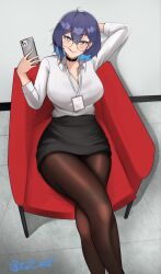 Rule 34 | 1girl, absurdres, arm behind head, black choker, blue eyes, blue hair, breasts, cellphone, chair, choker, cleavage, feet out of frame, glasses, highres, holding, holding phone, id card, large breasts, mole, mole on breast, office lady, on chair, original, pantyhose, pencil skirt, phone, round eyewear, short hair, sitting, skirt, smartphone, solo, watermark, zet (twt zet)
