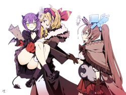 Rule 34 | 3girls, allay, bandana, bat wings, black footwear, blonde hair, brown capelet, brown eyes, brown gloves, brown hair, capelet, carrying, commentary, demon tail, dress, english commentary, eyewear on head, fur collar, gloves, green eyes, gun, hair ornament, hairclip, holding, holding gun, holding paper, holding stuffed toy, holding weapon, hololive, hololive english, hololive indonesia, kaela kovalskia, lifting person, long hair, looking at another, looking at viewer, looking up, minecraft, mini wings, multiple girls, nanashi mumei, paper, partially fingerless gloves, plaid, plaid skirt, pleated skirt, princess carry, purple hair, red bandana, red eyes, red skirt, rune hair ornament, shirt, shoes, side ponytail, signature, simple background, skirt, smile, socks, stuffed animal, stuffed penguin, stuffed toy, tail, taka t, tokoyami towa, two-tone gloves, virtual youtuber, weapon, white background, white shirt, wings
