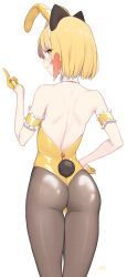 Rule 34 | 1girl, absurdres, animal ears, arm garter, ass, back, backless leotard, bare shoulders, blonde girl (cloba), blonde hair, blush, bow, brown eyes, brown pantyhose, clenched teeth, cloba, commentary, detached collar, fake animal ears, from behind, gloves, hand on own hip, highres, leotard, looking at viewer, looking back, middle finger, original, pantyhose, playboy bunny, rabbit ears, rabbit tail, short hair, solo, standing, strapless, symbol-only commentary, tail, teeth, thigh gap, white background, wrist cuffs, yellow eyes, yellow leotard