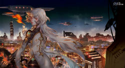 Rule 34 | 1girl, aircraft, airship, bad id, bad pixiv id, blurry, brown eyes, building, city, city lights, cityscape, dark, depth of field, fantasy, fire, fori, lipstick, long hair, looking at viewer, magic, makeup, night, original, science fiction, sky, skyscraper, solo, upper body, white hair