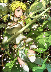 Rule 34 | 1girl, absurdres, armor, bare shoulders, black gloves, blonde hair, braid, breastplate, breasts, cherry blossoms, cleavage, commentary request, gloves, green eyes, green hair, hair ornament, highres, hip armor, large breasts, leafa, leafa (terraria), long hair, looking to the side, oboro neko, open mouth, partially fingerless gloves, ponytail, solo, sword, sword art online, sword art online: alicization, sword art online: alicization - war of underworld, thighhighs, thighs, twin braids, verdurous anima, very long hair, weapon