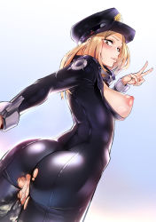 Rule 34 | 10s, 1girl, aftersex, ass, black bodysuit, blonde hair, blush, bodysuit, boku no hero academia, breasts, breasts out, cum, cum in pussy, curvy, from behind, half-closed eyes, hat, highres, hip focus, huge ass, kidmukuro, large breasts, latex, latex bodysuit, looking at viewer, looking back, nipples, no bra, no panties, parted lips, pink lips, police hat, pussy, shiny clothes, sideboob, skin tight, solo, thick thighs, thighs, torn bodysuit, torn clothes, uncensored, unzipped, utsushimi kemii, v, wide hips