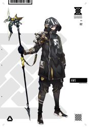 Rule 34 | axe, black footwear, black gloves, black jacket, black pants, closed mouth, commentary request, diagonal stripes, full body, gloves, highres, holding, holding axe, hood, hood up, hooded jacket, jacket, long sleeves, male focus, original, pants, sanshouuo, shoes, solo, standing, striped