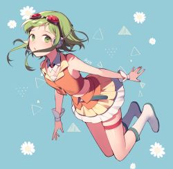 Rule 34 | 1girl, azit (down), bare shoulders, blue background, blush, boots, brown shirt, commentary, crop top, flower, goggles, goggles on head, green eyes, green hair, gumi, headphones, headset, highres, layered skirt, long hair, looking at viewer, multicolored clothes, multicolored skirt, parted lips, pleated skirt, shirt, skirt, sleeveless, sleeveless shirt, solo, vocaloid, white flower, white footwear, white skirt, wrist cuffs, yellow skirt