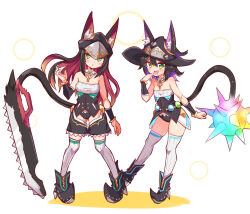 Rule 34 | 2girls, :o, animal ears, ankle boots, ball and chain (weapon), black choker, black footwear, black hair, black headwear, black panties, black shirt, black shorts, black sleeves, blue hair, boots, cat ears, cat girl, cat tail, choker, commentary, cougar (cougar1404), cross, crotch cutout, detached collar, detached sleeves, ears through headwear, green eyes, grey thighhighs, hand to own mouth, hat, heart, jagged sword, levilina (cougar1404), long hair, looking at viewer, medium hair, multicolored hair, multiple girls, no pants, open mouth, original, panties, parted lips, pink hair, pointy footwear, prototype design, ribbed thighhighs, rubirina (cougar1404), shirt, shorts, siblings, sisters, smile, standing, standing on one leg, strapless, strapless shirt, tail, thighhighs, twins, two-tone hair, underwear, white background, white thighhighs, witch hat