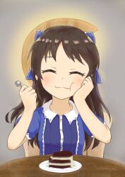Rule 34 | 1girl, :t, absurdres, blue bow, blue dress, blush, bow, breasts, brown hair, cake, cake slice, closed eyes, closed mouth, collared dress, commentary request, dress, eating, facing viewer, feiyyx, food, grey background, hair bow, highres, holding, holding spoon, idolmaster, idolmaster cinderella girls, idolmaster cinderella girls u149, long hair, plate, puffy short sleeves, puffy sleeves, short sleeves, simple background, small breasts, solo, spoon, tachibana arisu