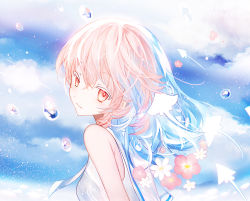 Rule 34 | 1girl, blue hair, blue sky, breasts, closed mouth, cloud, cloudy sky, commentary request, dress, flower, gradient hair, hair between eyes, highres, juexing (moemoe3345), looking at viewer, looking to the side, multicolored hair, original, outdoors, pink flower, pink hair, red eyes, sailor collar, sailor dress, sky, sleeveless, sleeveless dress, small breasts, smile, solo, upper body, water drop, white dress, white flower, white sailor collar