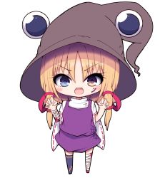 Rule 34 | 1girl, ankle wrap, arm wrap, asymmetrical legwear, asymmetrical sleeves, bandages, bat (animal), blonde hair, blood, blood on clothes, blue eyes, brown eyes, brown hat, chibi, claw pose, commentary request, darumoon, fang, hair ribbon, halloween, halloween costume, hat, heart, heterochromia, highres, looking at viewer, moriya suwako, open mouth, purple skirt, purple vest, ribbon, short hair with long locks, simple background, single thighhigh, skin fang, skirt, solo, spider web print, thighhighs, touhou, uneven legwear, uneven sleeves, vest, white background, white sleeves, wide sleeves