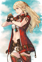 Rule 34 | 1girl, bandeau, belt, blonde hair, blue eyes, blue sky, boots, cowboy shot, earrings, final fantasy, final fantasy xiv, fingerless gloves, fist in hand, gloves, hair ornament, highres, jewelry, leg armor, long hair, looking at viewer, lyse hext, makimura shunsuke, midriff, navel, pendant, short shorts, shorts, sky, sleeveless, smile, solo, standing, strapless, thigh boots, thighhighs