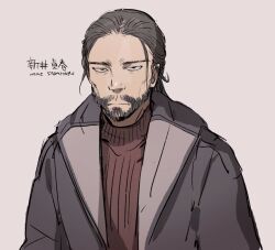 1boy akaneko_(redakanekocat) bear black_hair black_jacket character_name closed_mouth expressionless facial_hair grey_background hair_slicked_back jacket looking_at_viewer male_focus mustache original purple_sweater sanpaku solo sweater