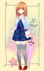 Rule 34 | 1girl, bag, brown eyes, brown hair, cherry print, closed umbrella, dress, earrings, food-themed earrings, food print, full body, handbag, holding, jewelry, long hair, looking at viewer, original, piyodera mucha, print dress, red footwear, shoes, smile, solo, standing, striped clothes, striped thighhighs, thighhighs, umbrella, vertical-striped clothes, vertical-striped thighhighs, zettai ryouiki