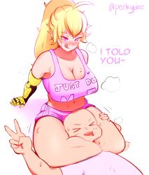 Rule 34 | 1girl, ahoge, belly, blonde hair, blush, breasts, deee, eyebrows, highres, long hair, mechanical arms, ponytail, purple eyes, rwby, shirt, simple background, single mechanical arm, stomach, tongue, tongue out, v, very long hair, white background, yang xiao long