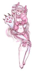 Rule 34 | aini, bogey (monster girl encyclopedia), bow, heart, highres, monster girl, monster girl encyclopedia, original, pale skin, pink bow, pink eyes, self-upload, sleep mask, solo, stitches