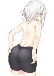 Rule 34 | 1girl, ass, back, bike shorts, blush, from behind, highres, looking back, original, otokuyou, red eyes, ringo-chan (haegiwa), ringo-chan (otokuyou), short hair, simple background, solo, topless, white background, white hair