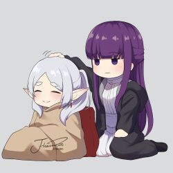 Rule 34 | 2girls, absurdres, arm up, artist name, black cloak, black footwear, blanket, blunt bangs, blush, chibi, cloak, closed eyes, closed mouth, commentary, dress, earrings, elf, fern (sousou no frieren), frieren, grey background, grey hair, hand on another&#039;s head, headpat, highres, hood, hood down, hooded cloak, j humbo, jewelry, jitome, long hair, long sleeves, motion lines, multiple girls, no nose, open cloak, open clothes, parted bangs, pointy ears, purple eyes, purple hair, raised eyebrows, signature, simple background, sitting, sousou no frieren, thick eyebrows, very long hair, white dress