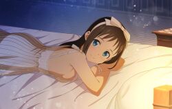 Rule 34 | 1girl, alternate costume, bed sheet, blue eyes, bow, bow hairband, breasts, brown hair, closed mouth, dress, hair bow, hairband, indoors, lens flare, long hair, looking at viewer, lying, medium breasts, nightgown, on bed, on stomach, ribbon, ronye arabel, sideboob, sleeveless, sleeveless dress, smile, solo, strap gap, striped bow, striped clothes, striped dress, striped hairband, sword art online, sword art online: alicization, vertical-striped clothes, vertical-striped dress, white bow, white dress, white ribbon, wrist ribbon
